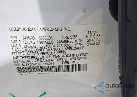2020 Acura Mdx Technology Package z USA, uszkodzony, nr VIN 5J8YD3H56LL004972